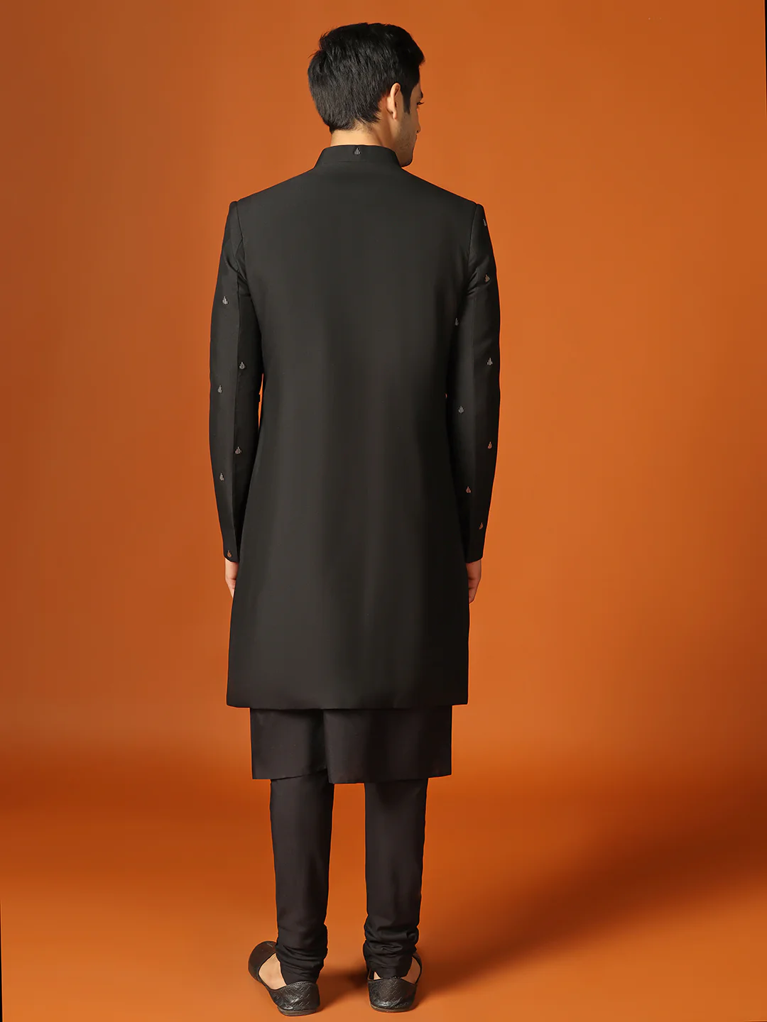 Men Black Cut Dana Embroidered Kurta Indowestern Churidar Set - Image 4