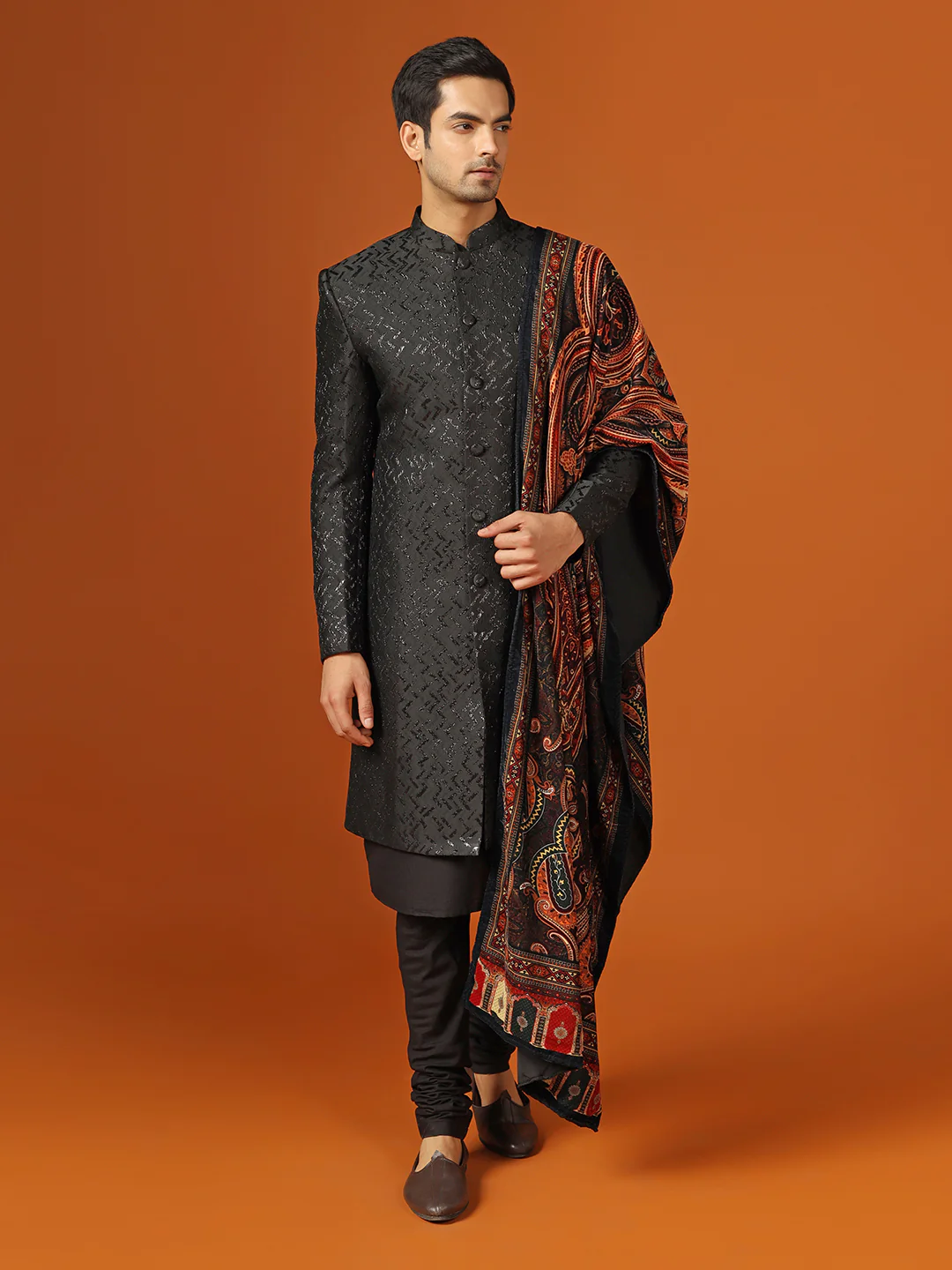 Men Shinny Black Kurta Indowestern Churidar With Dupatta Set
