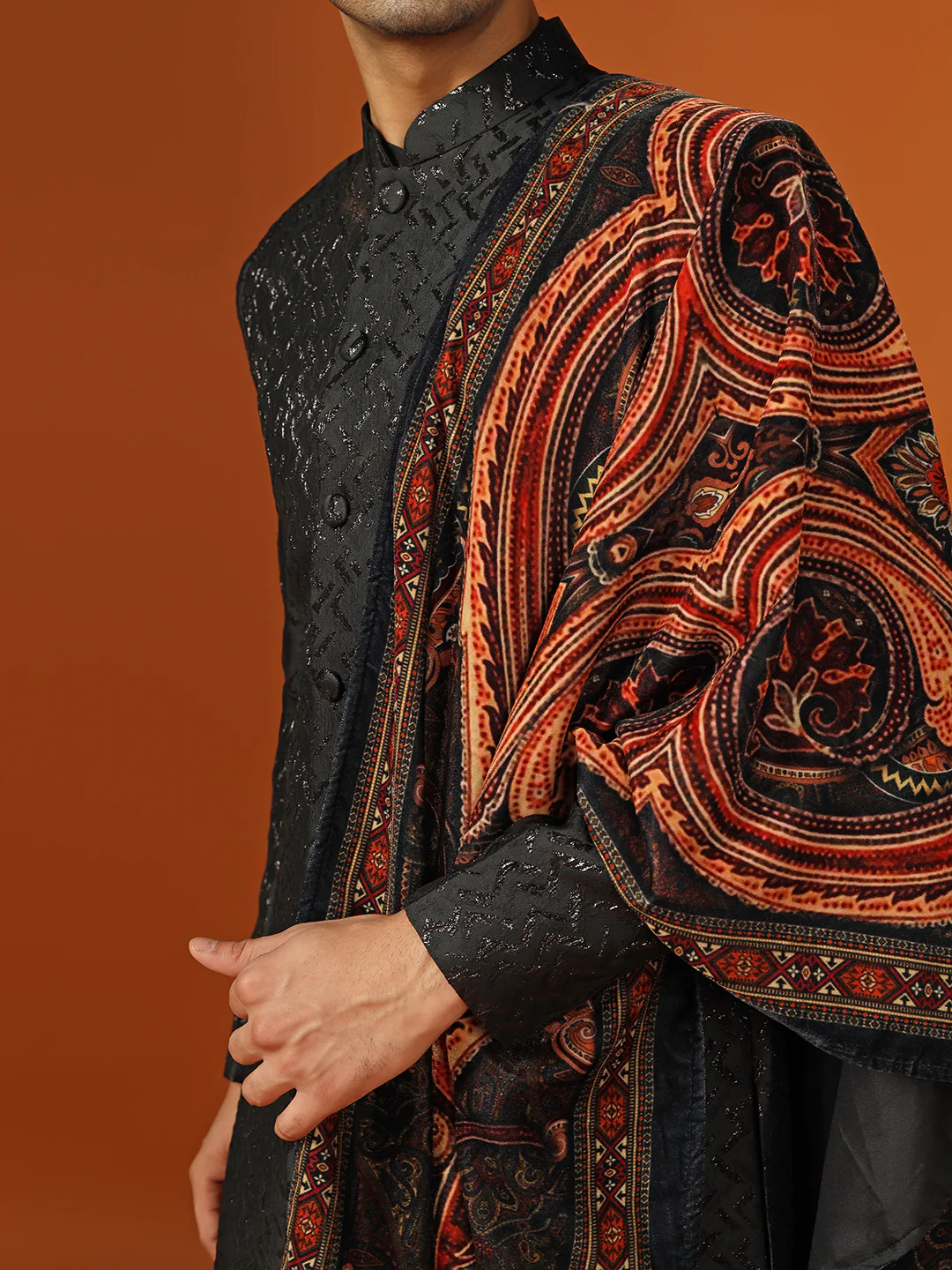 Men Shinny Black Kurta Indowestern Churidar With Dupatta Set - Image 4
