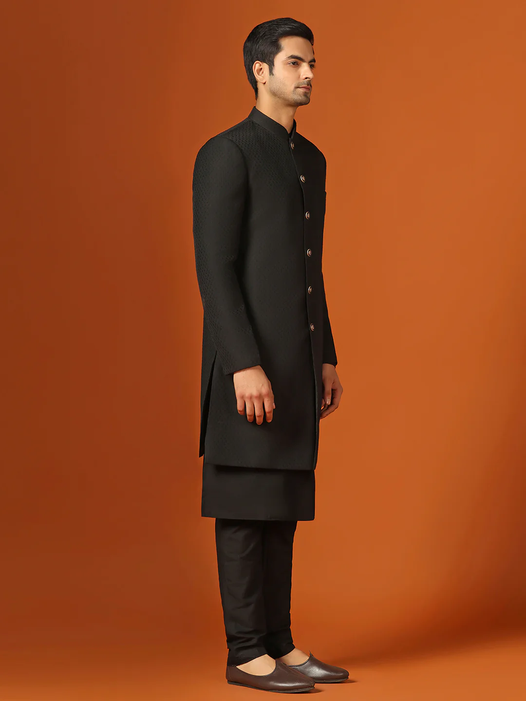 Men Black Textured Kurta Indowestern Trouser Set - Image 2