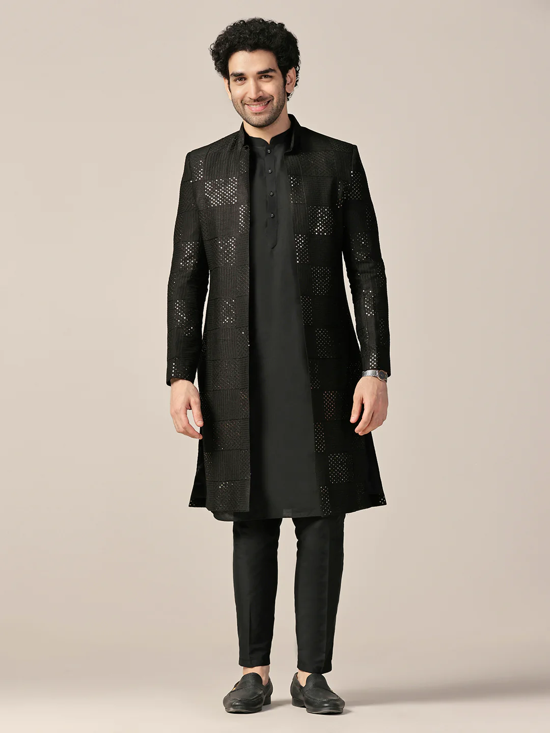 Men Black Textured Kurta Indowestern Trouser Set