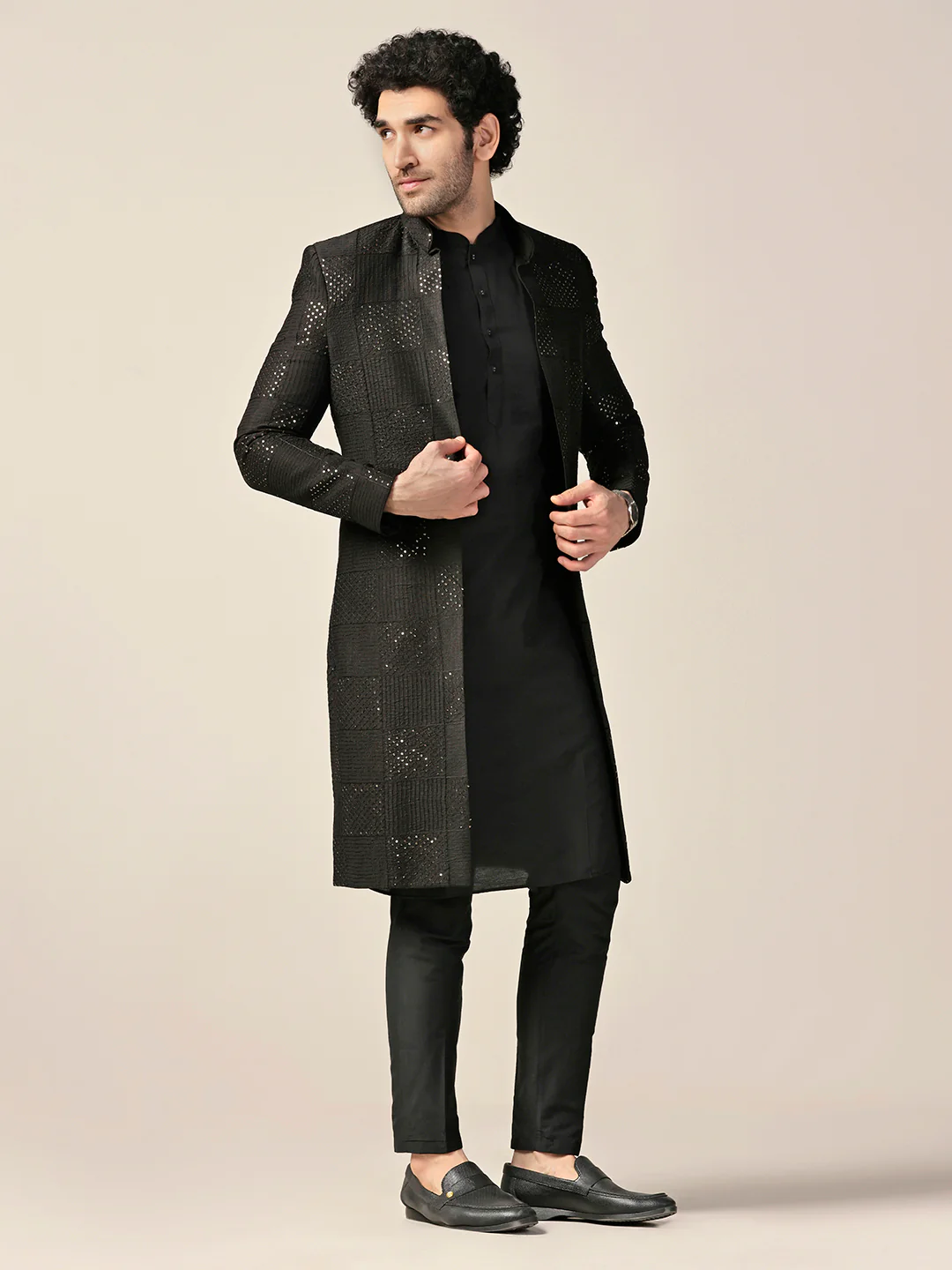 Men Black Textured Kurta Indowestern Trouser Set - Image 3