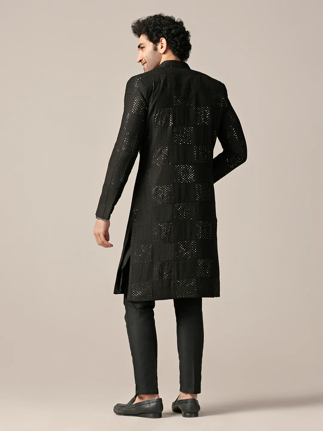 Men Black Textured Kurta Indowestern Trouser Set - Image 4