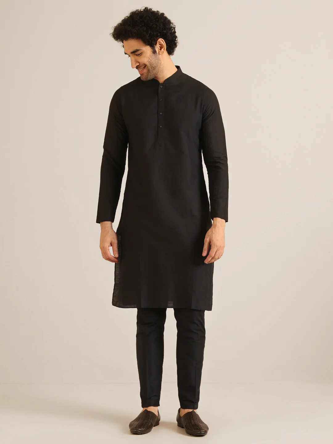 Men Black Textured Kurta Indowestern Trouser Set - Image 5