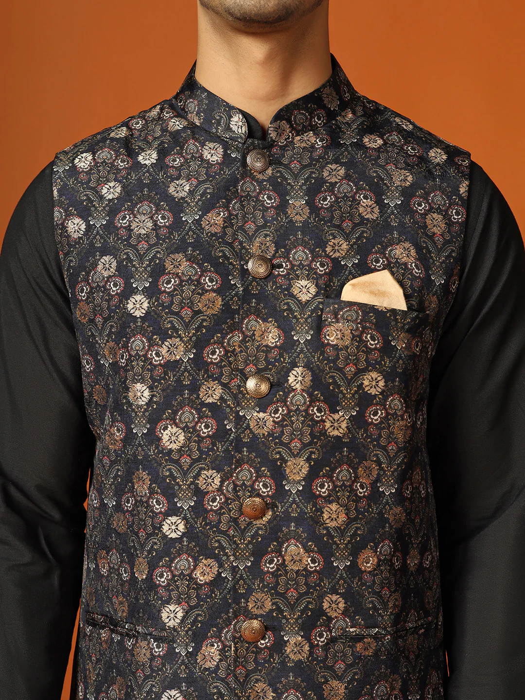 Black Cotton Textured Nehru Jacket Kurta Churidar - Image 6