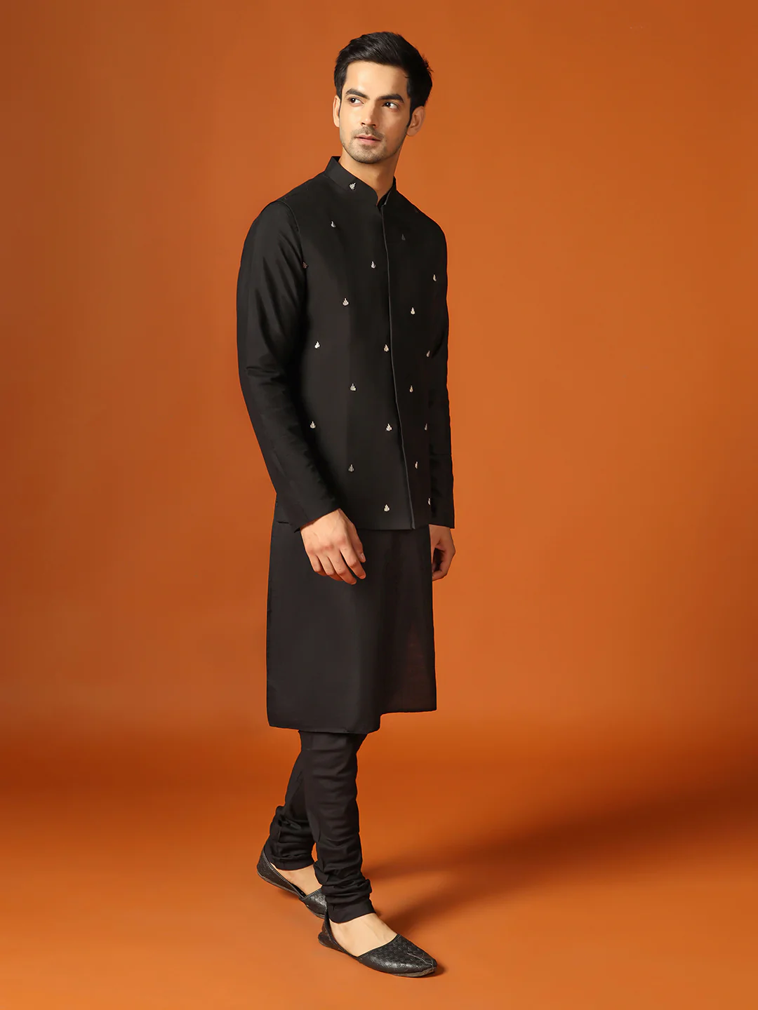Men Black Kurta Jacket Churidar Set - Image 2