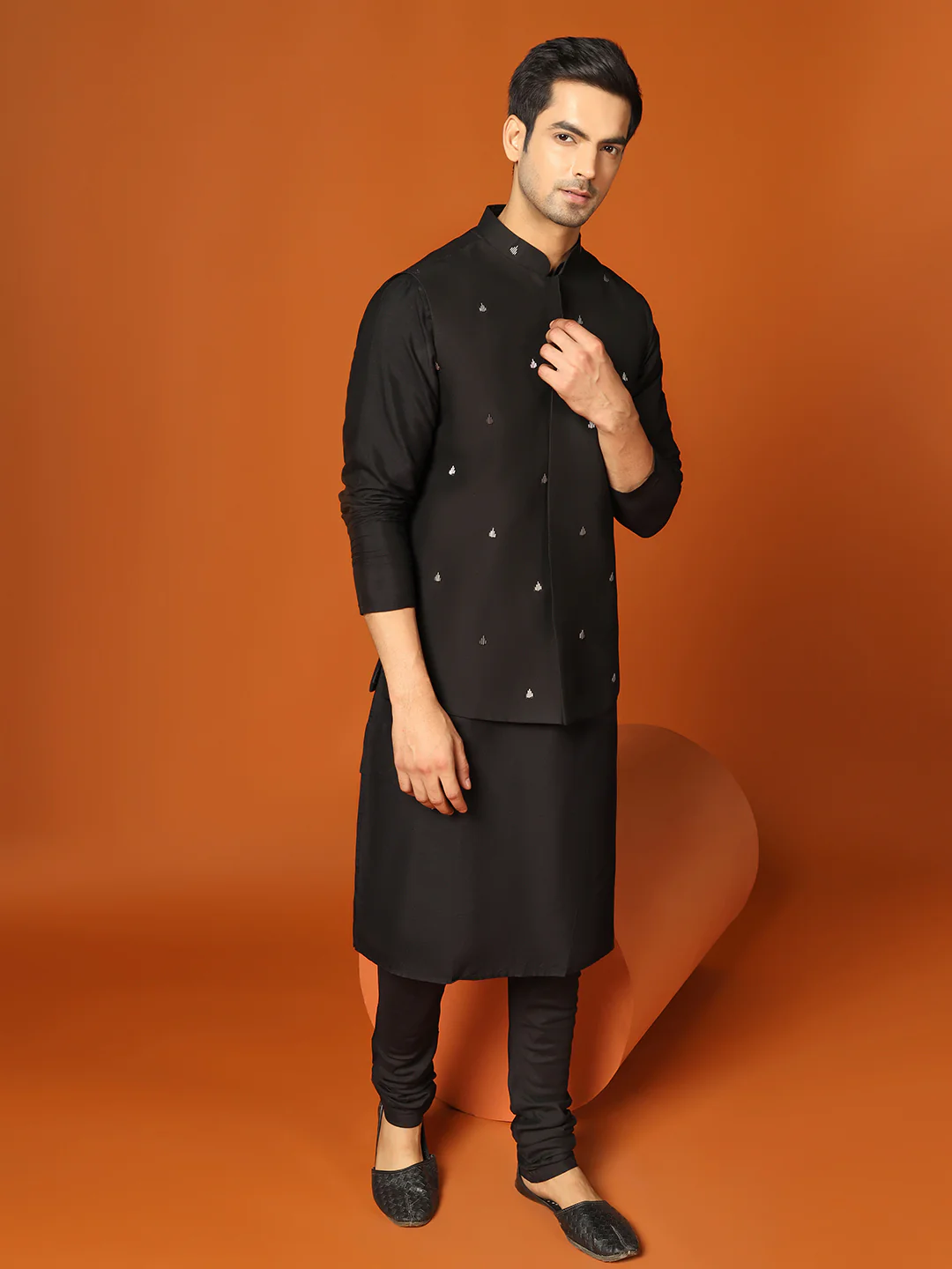 Men Black Kurta Jacket Churidar Set - Image 8