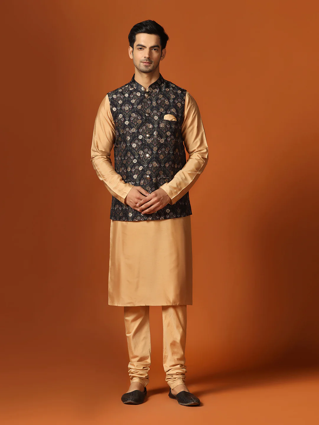 Black Woven Motifs Nehru Jacket Kurta Churidar