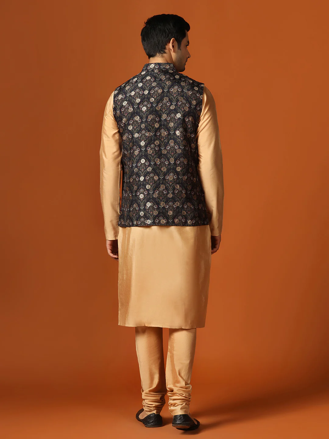Black Woven Motifs Nehru Jacket Kurta Churidar - Image 4
