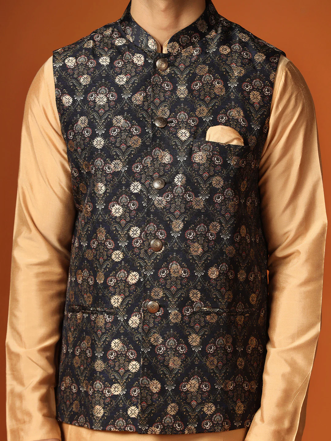 Black Woven Motifs Nehru Jacket Kurta Churidar - Image 5