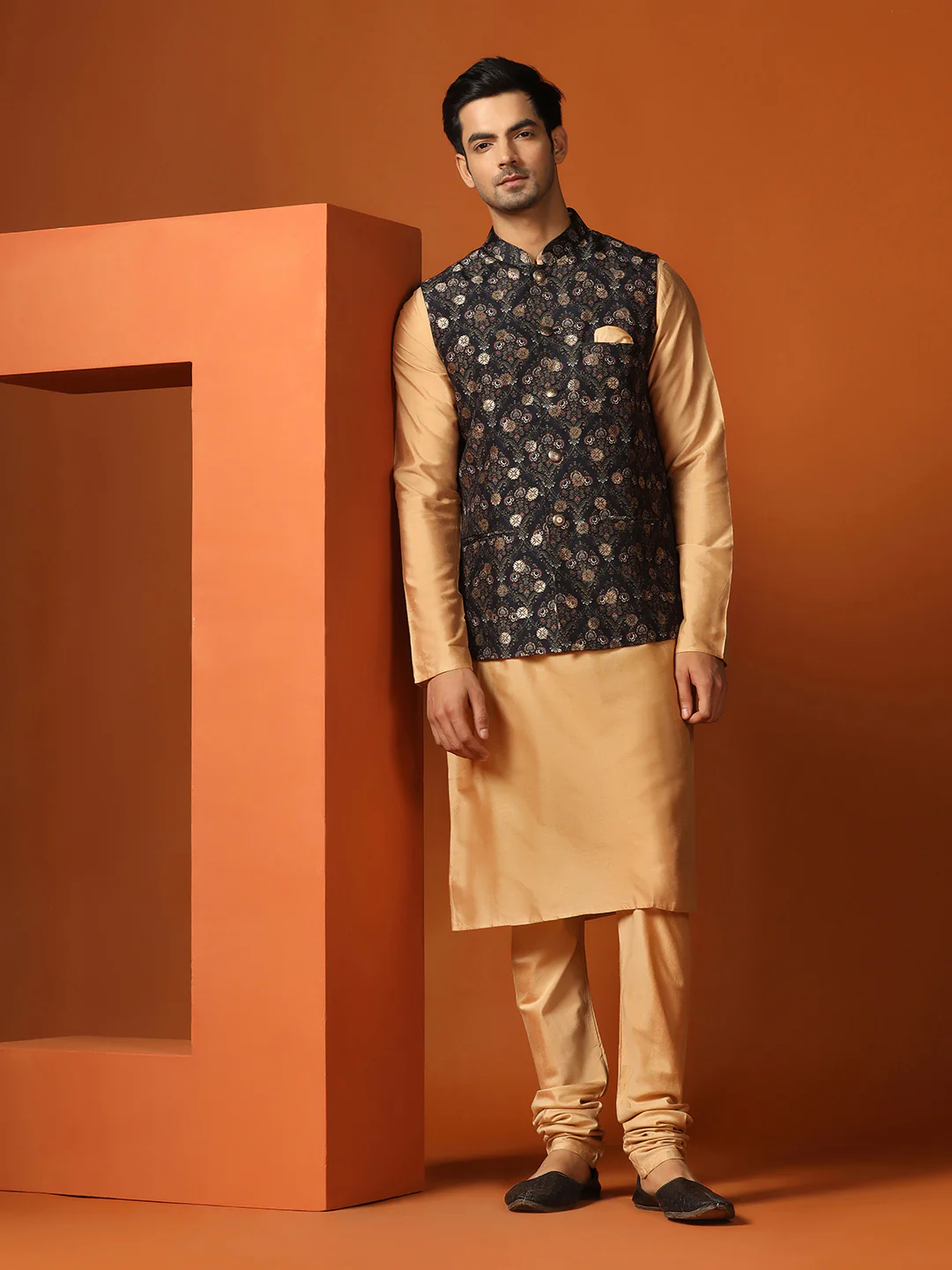 Black Woven Motifs Nehru Jacket Kurta Churidar - Image 8