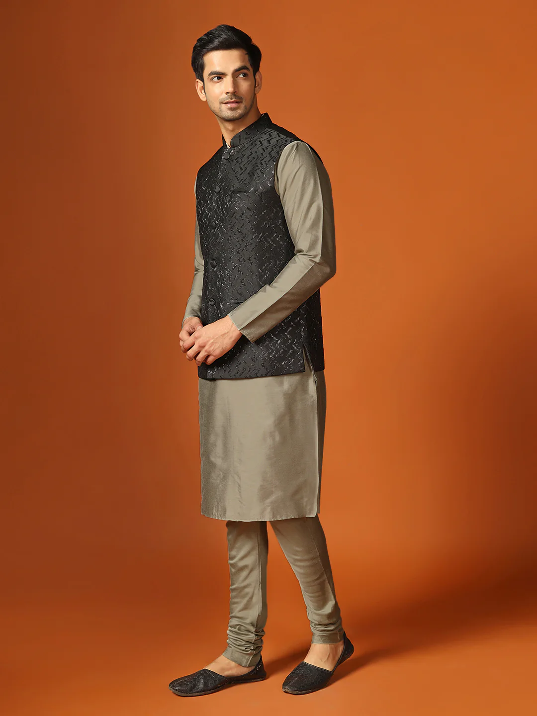 Men Shiny Black Textured Kurta Jacket Churidar Set - Image 3