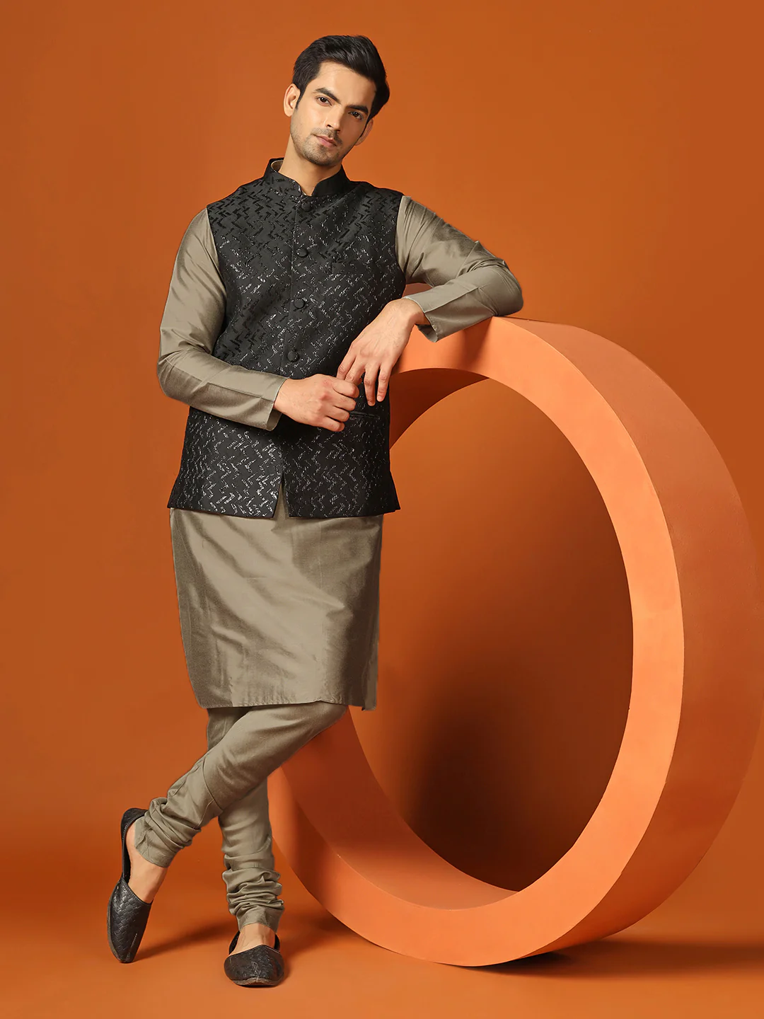Men Shiny Black Textured Kurta Jacket Churidar Set - Image 8