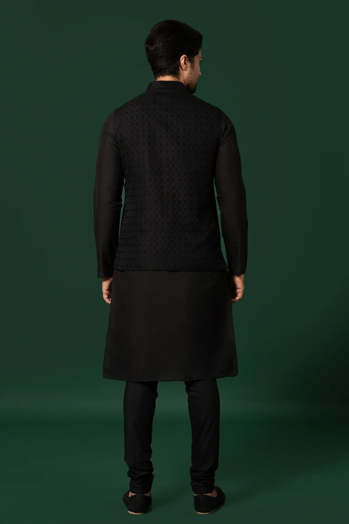Men Black Kurta Jacket Churidar Set - Image 4