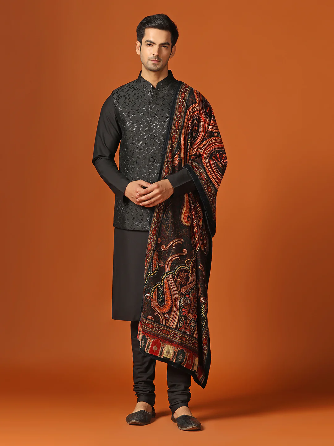 Men Shinny Black Kurta Jacket Churidar With Dupatta Set