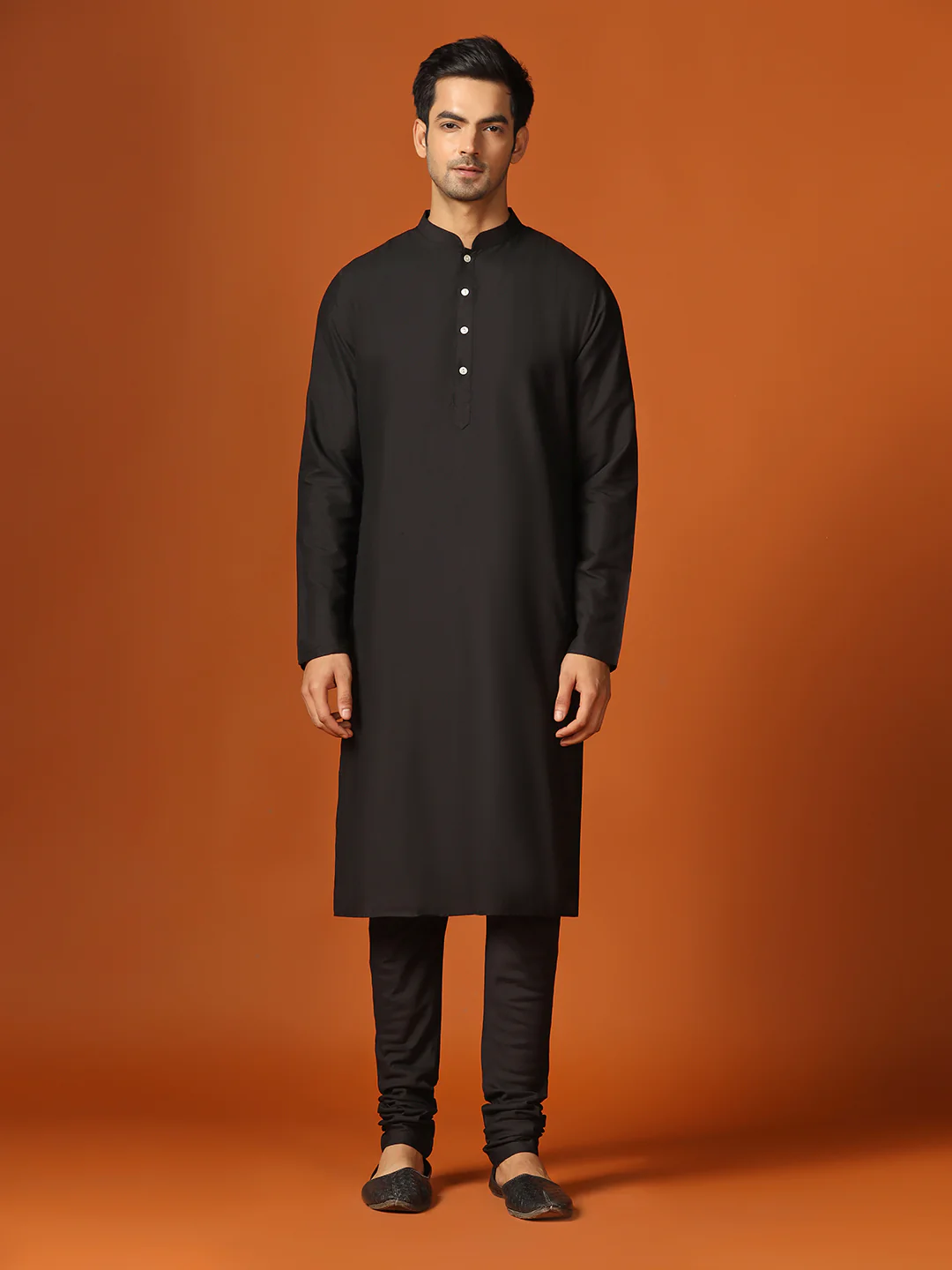 Men Shinny Black Kurta Jacket Churidar With Dupatta Set - Image 6