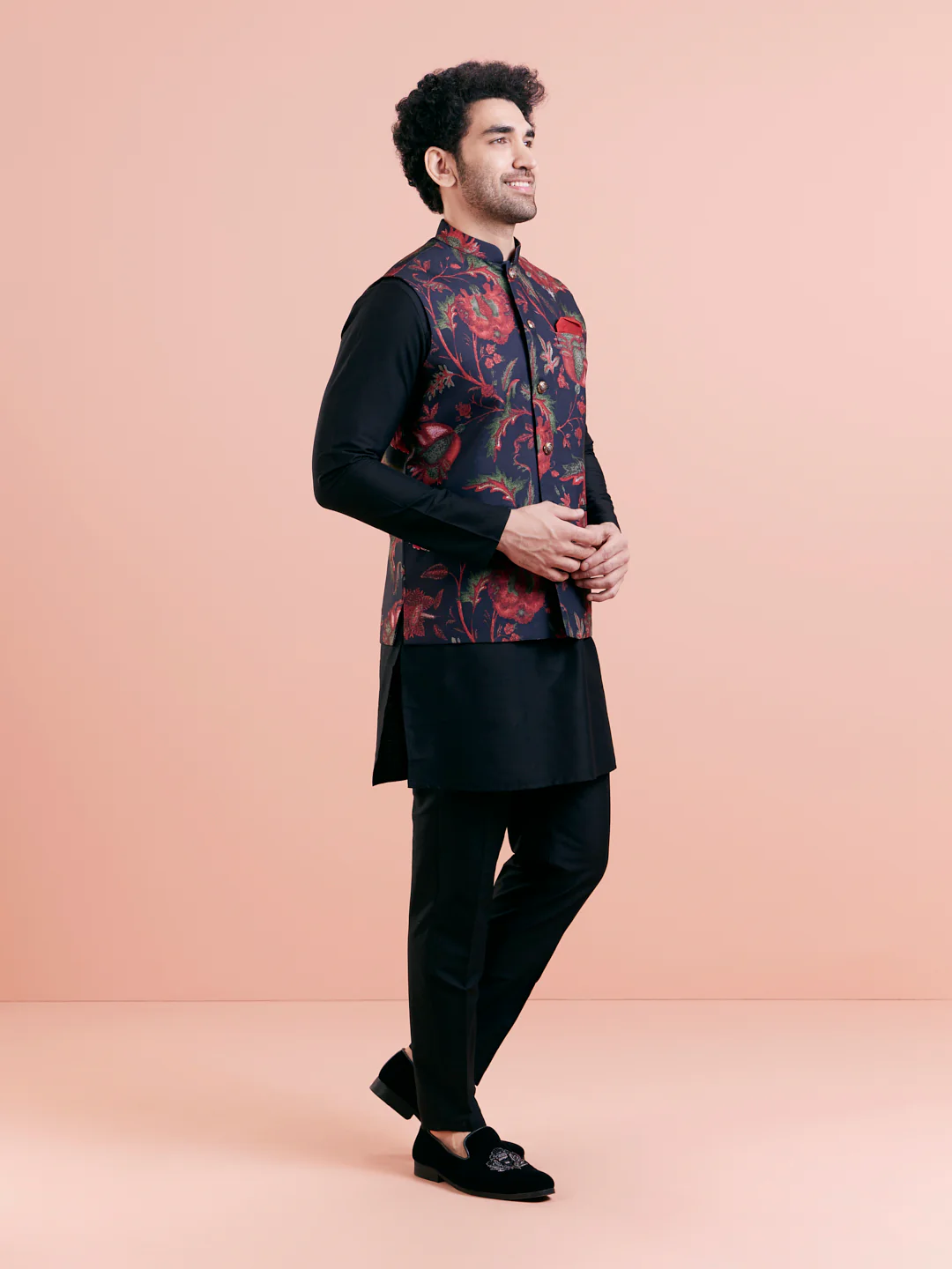 Navy Floral Nehru Jacket Kurta Trouser Set - Image 3