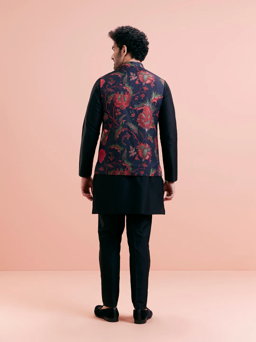 Navy Floral Nehru Jacket Kurta Trouser Set - Image 4