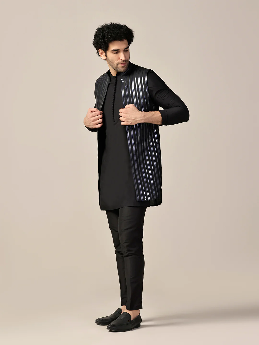 Black Metallic Tape Work Nehru Jacket Set