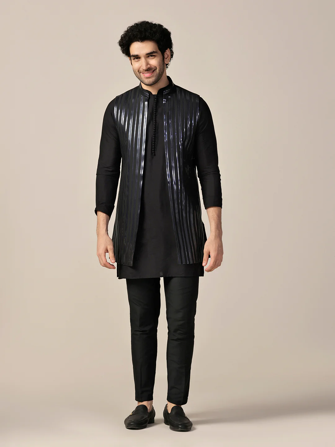 Black Metallic Tape Work Nehru Jacket Set - Image 2