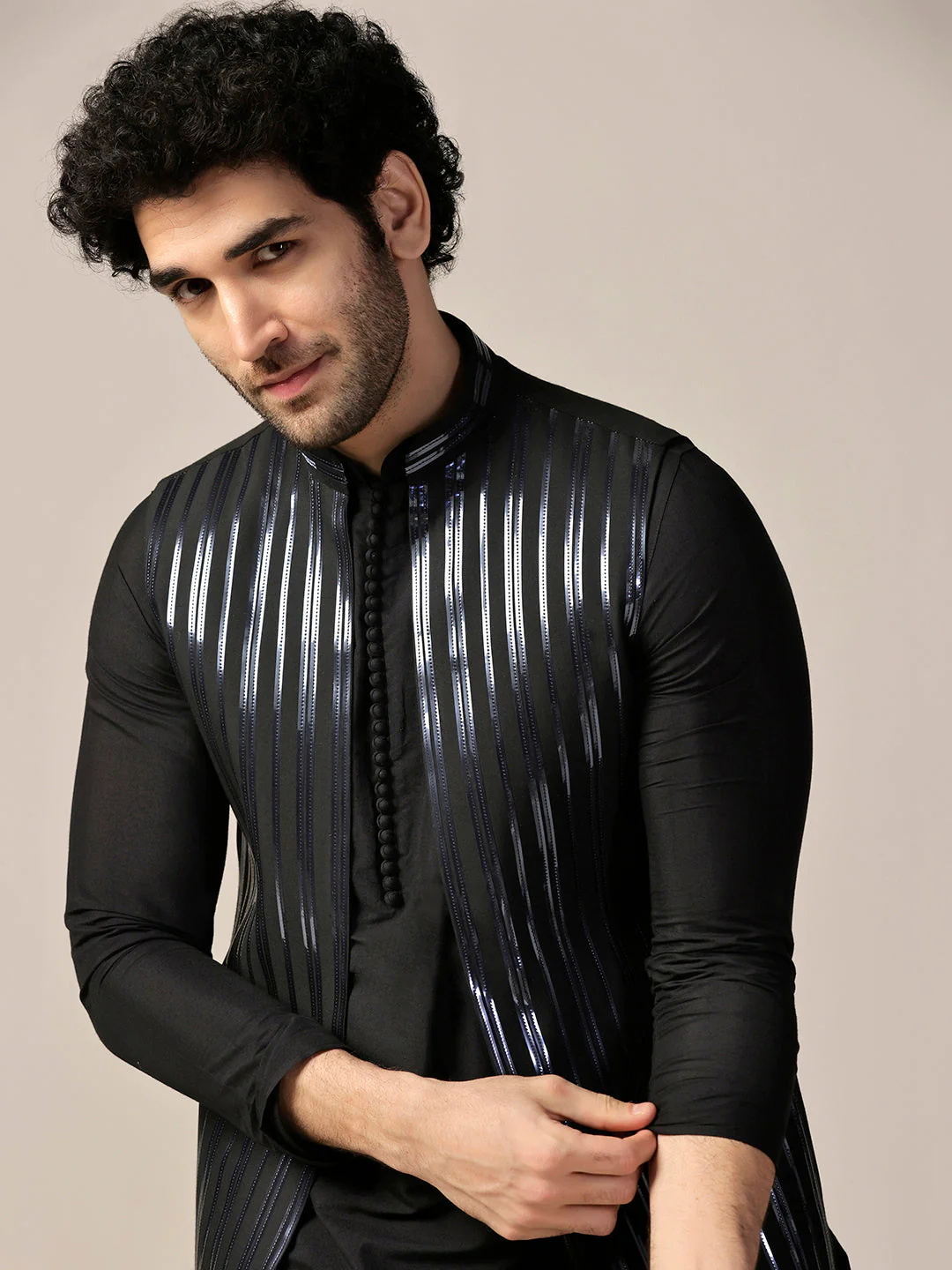 Black Metallic Tape Work Nehru Jacket Set - Image 7