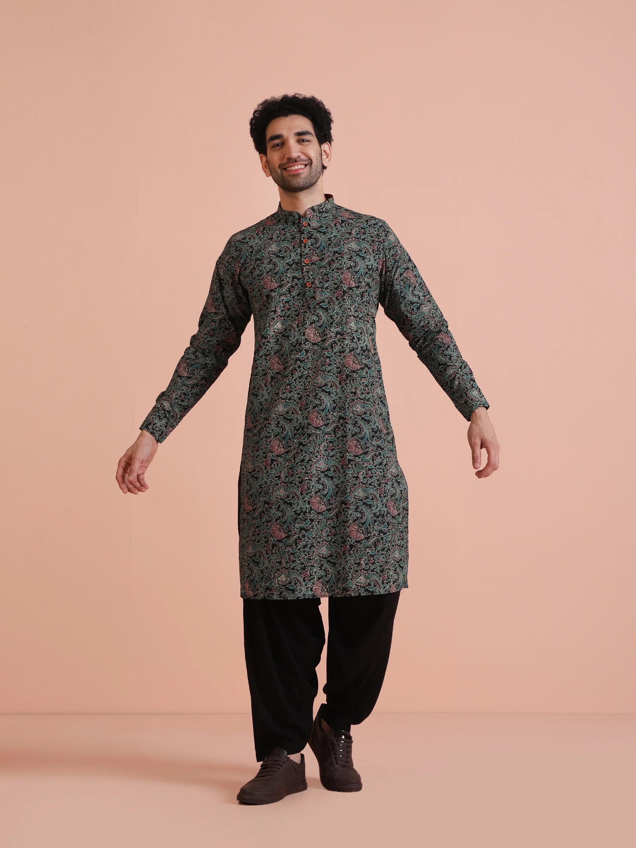 Black Printed Cotton Kurta - Image 6
