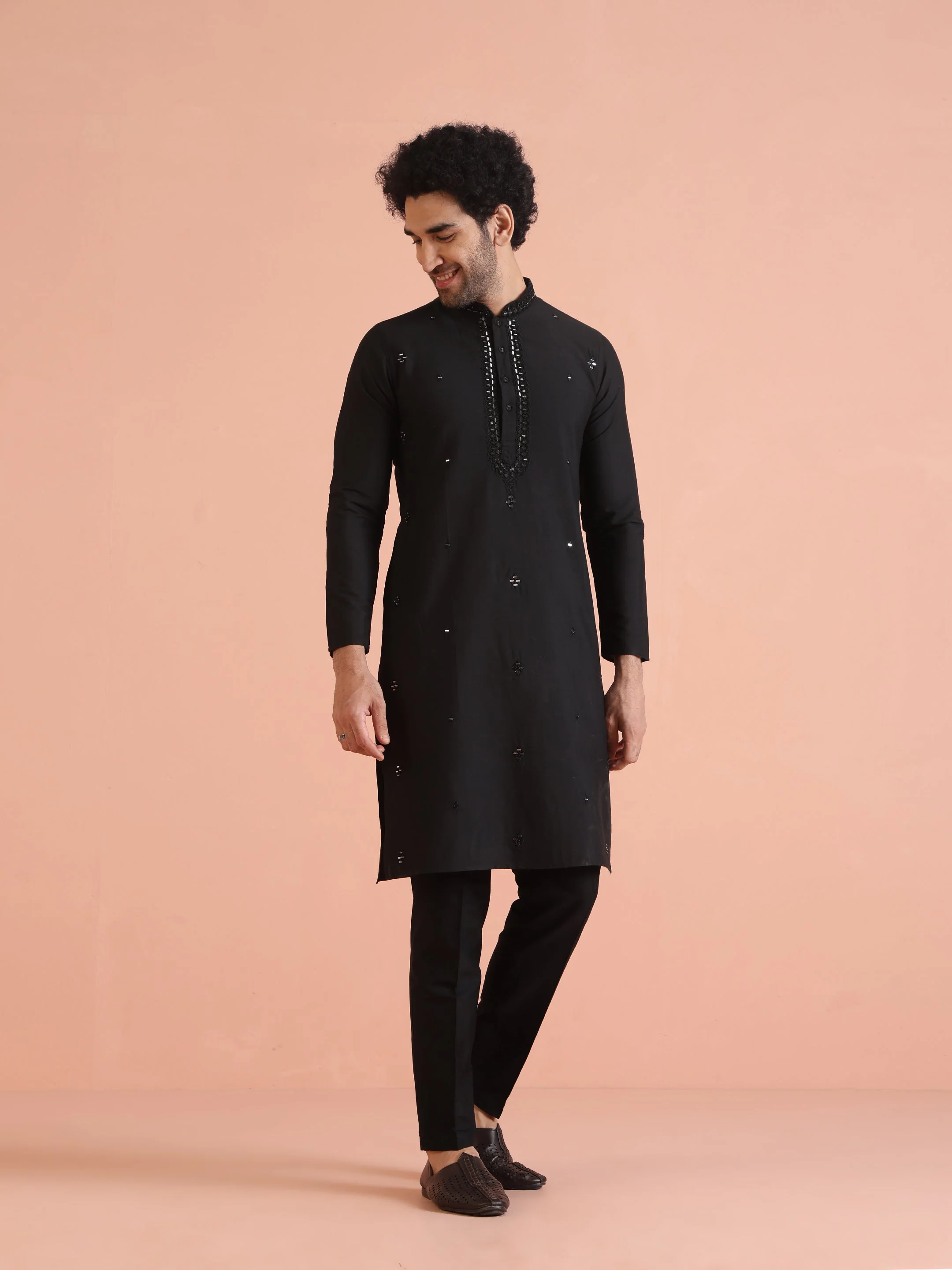 Black Cotton Silk Mirror Work Kurta - Image 15