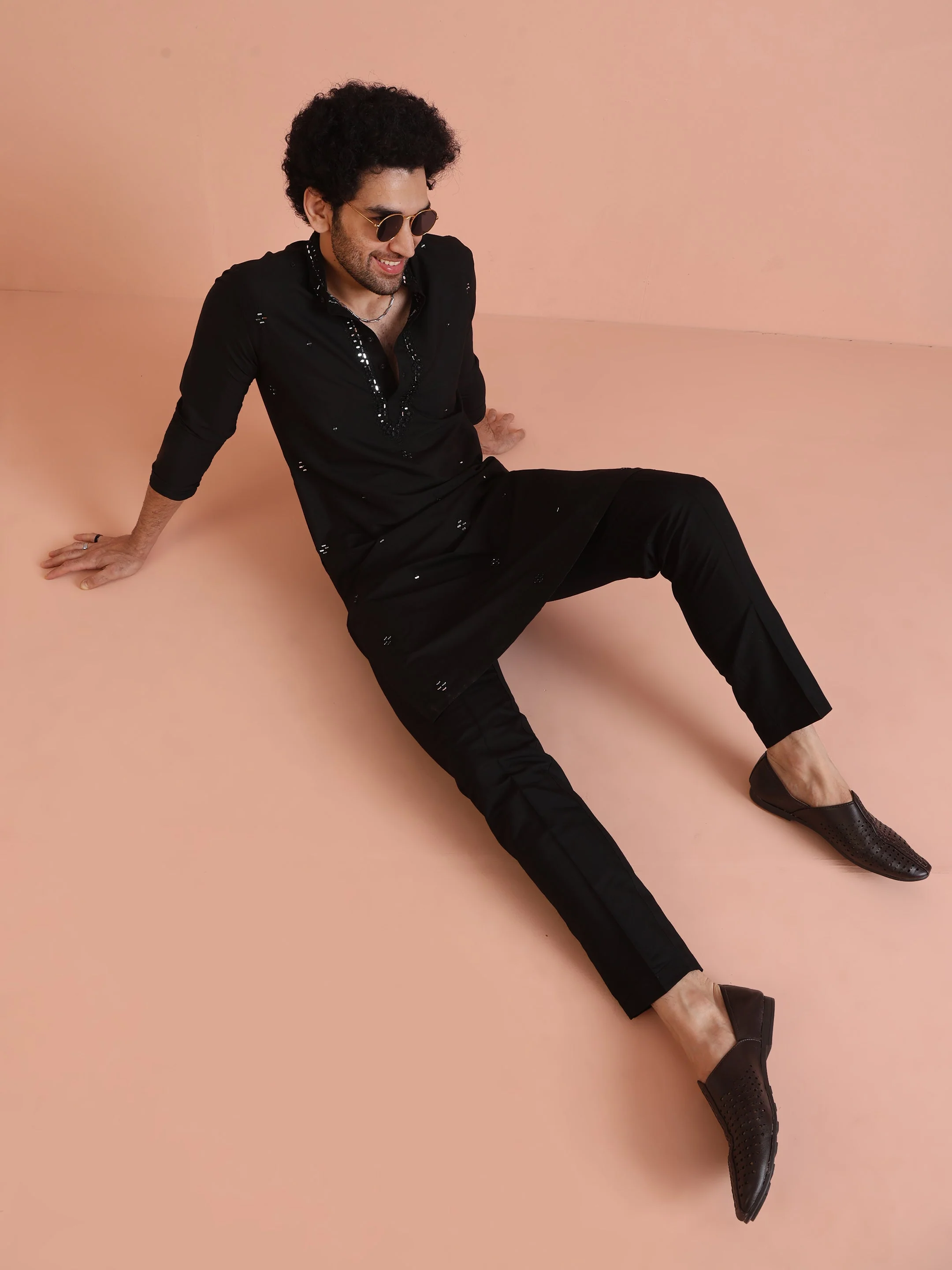 Black Cotton Silk Mirror Work Kurta - Image 18