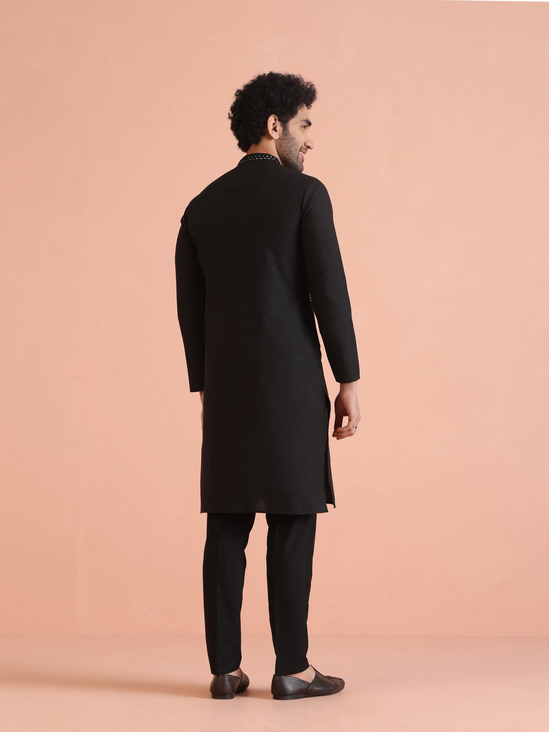 Black Cotton Silk Mirror Work Kurta - Image 6