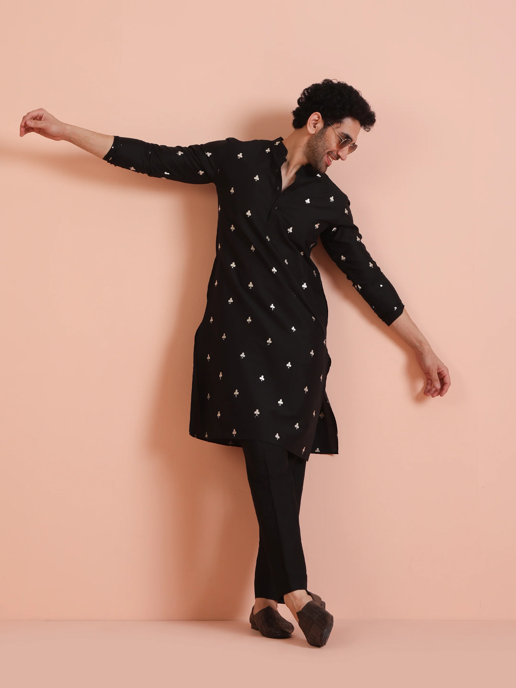 Black Cotton Embroidered Long Kurta - Image 7