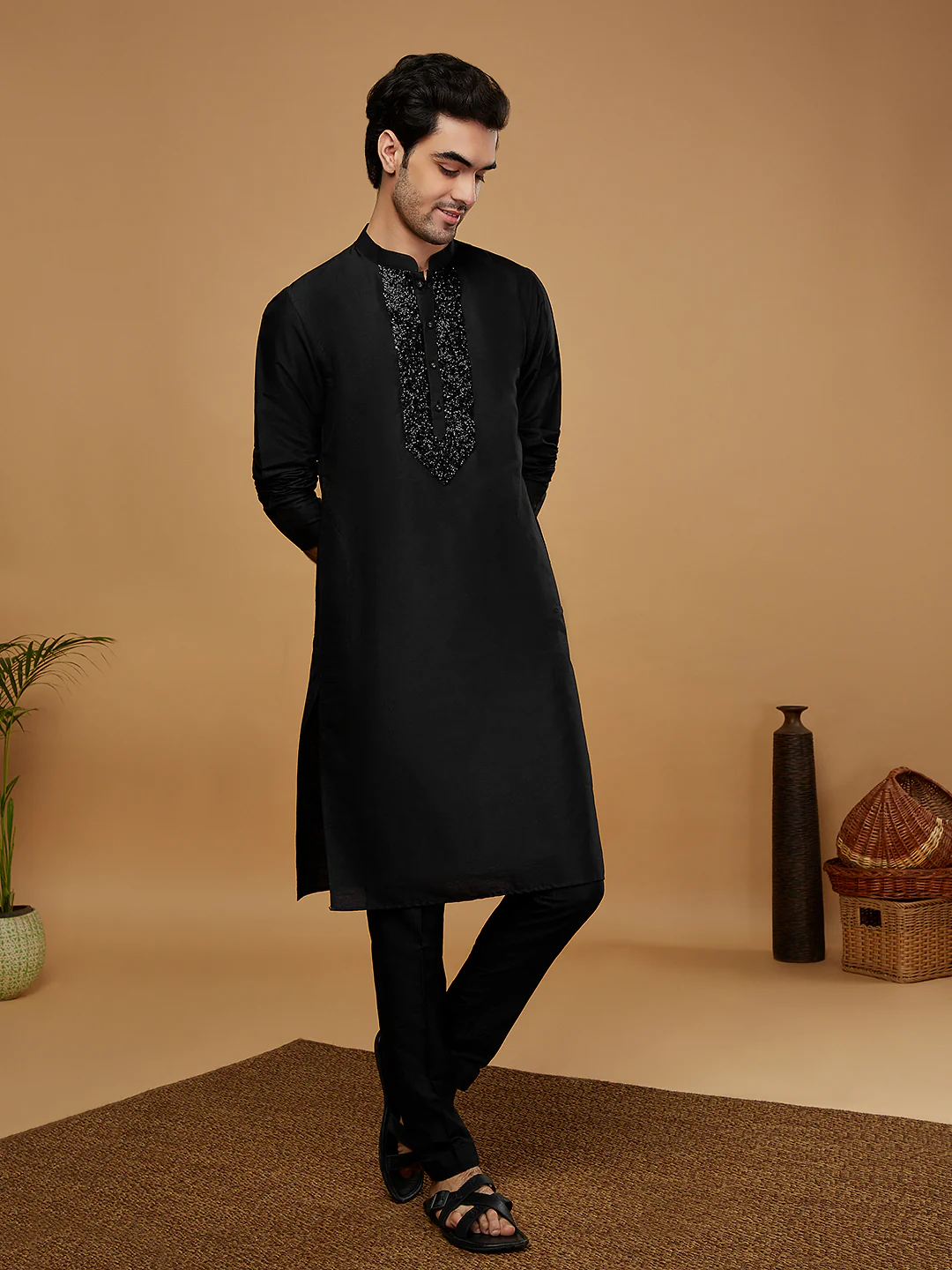 Black Embroidered Silk Blend Kurta - Image 2