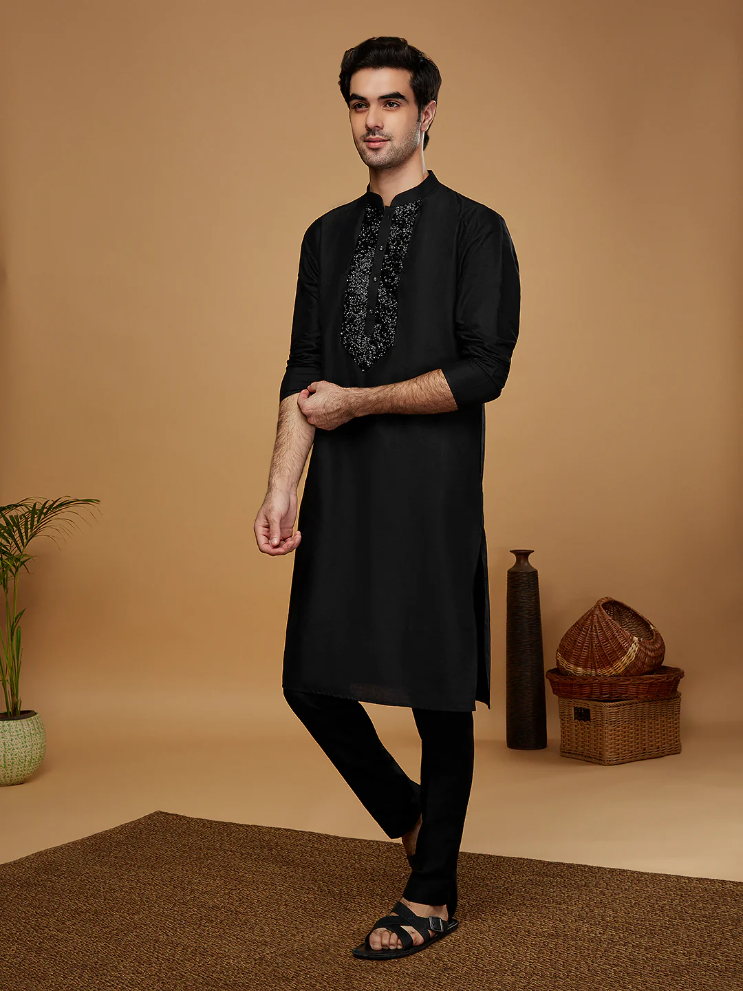 Black Embroidered Silk Blend Kurta - Image 3