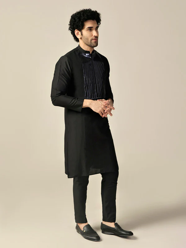 Black Silk Metallic Embellished Long Kurta - Image 3