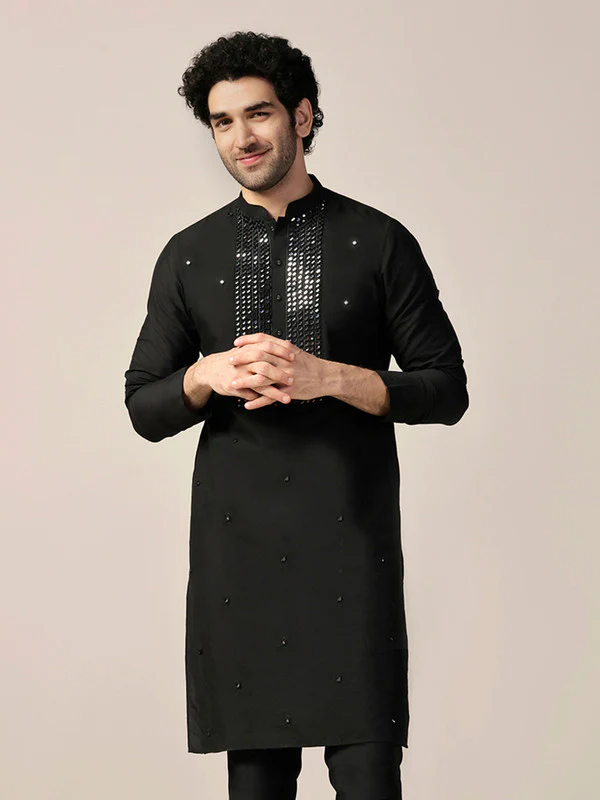 Black Silk Blend Mirror Work Kurta
