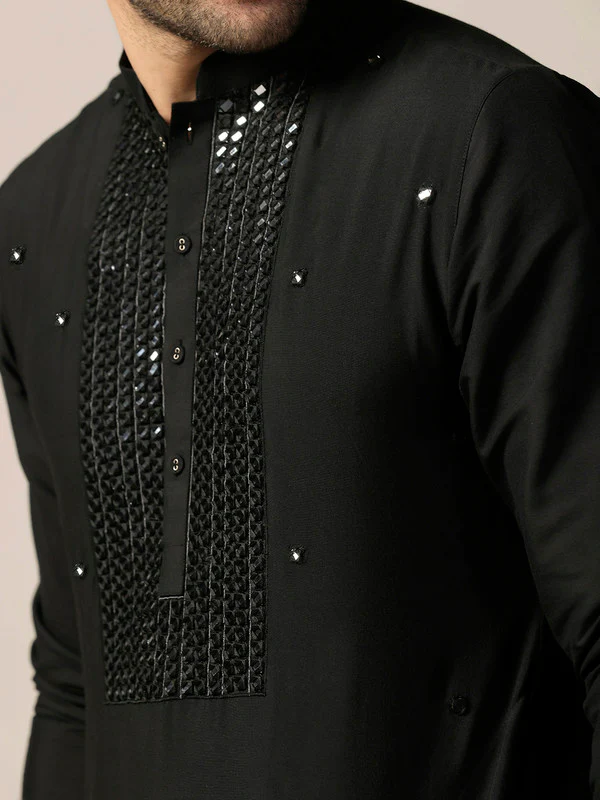 Black Silk Blend Mirror Work Kurta - Image 5