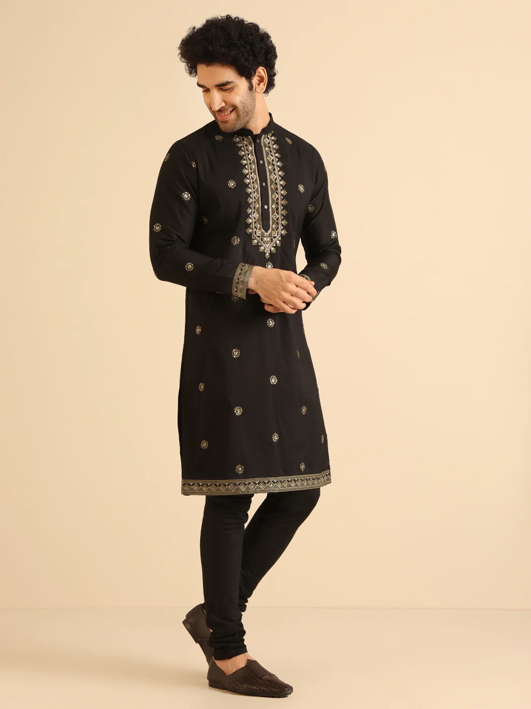 Black Silk Blend Heavy Embroidered Kurta - Image 2