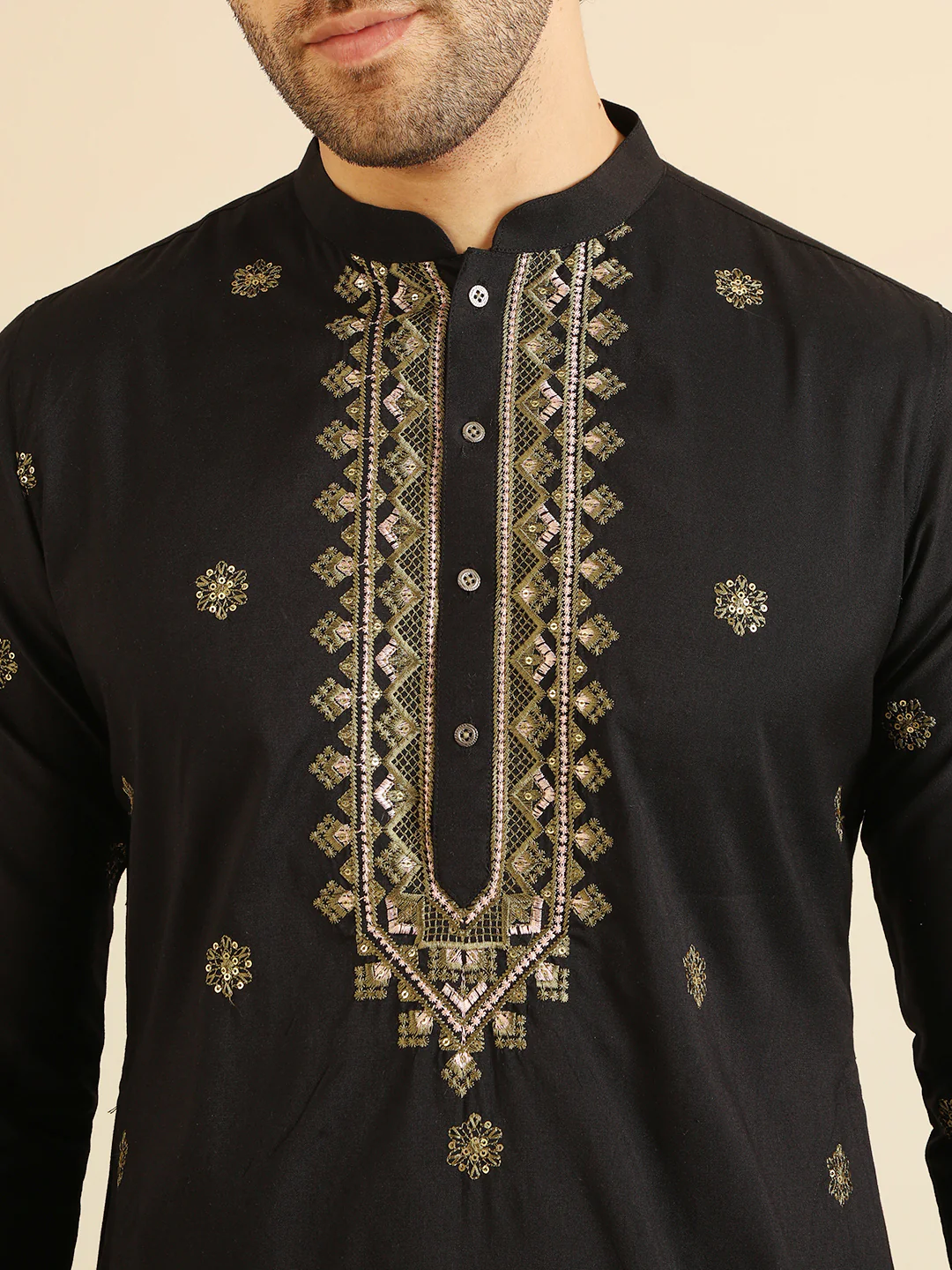 Black Silk Blend Heavy Embroidered Kurta - Image 5