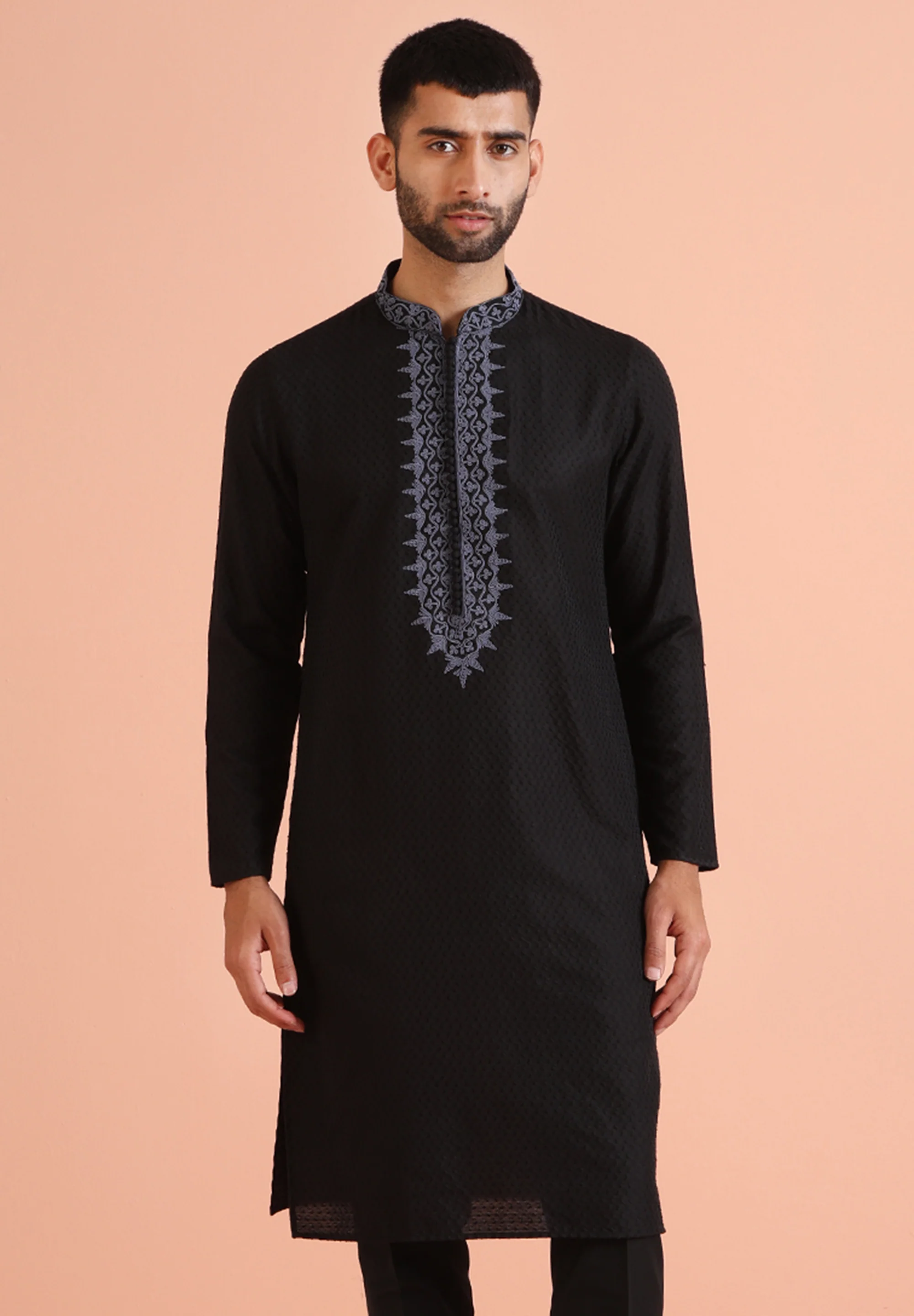 Black Textured Silk Blend Embroidered Kurta
