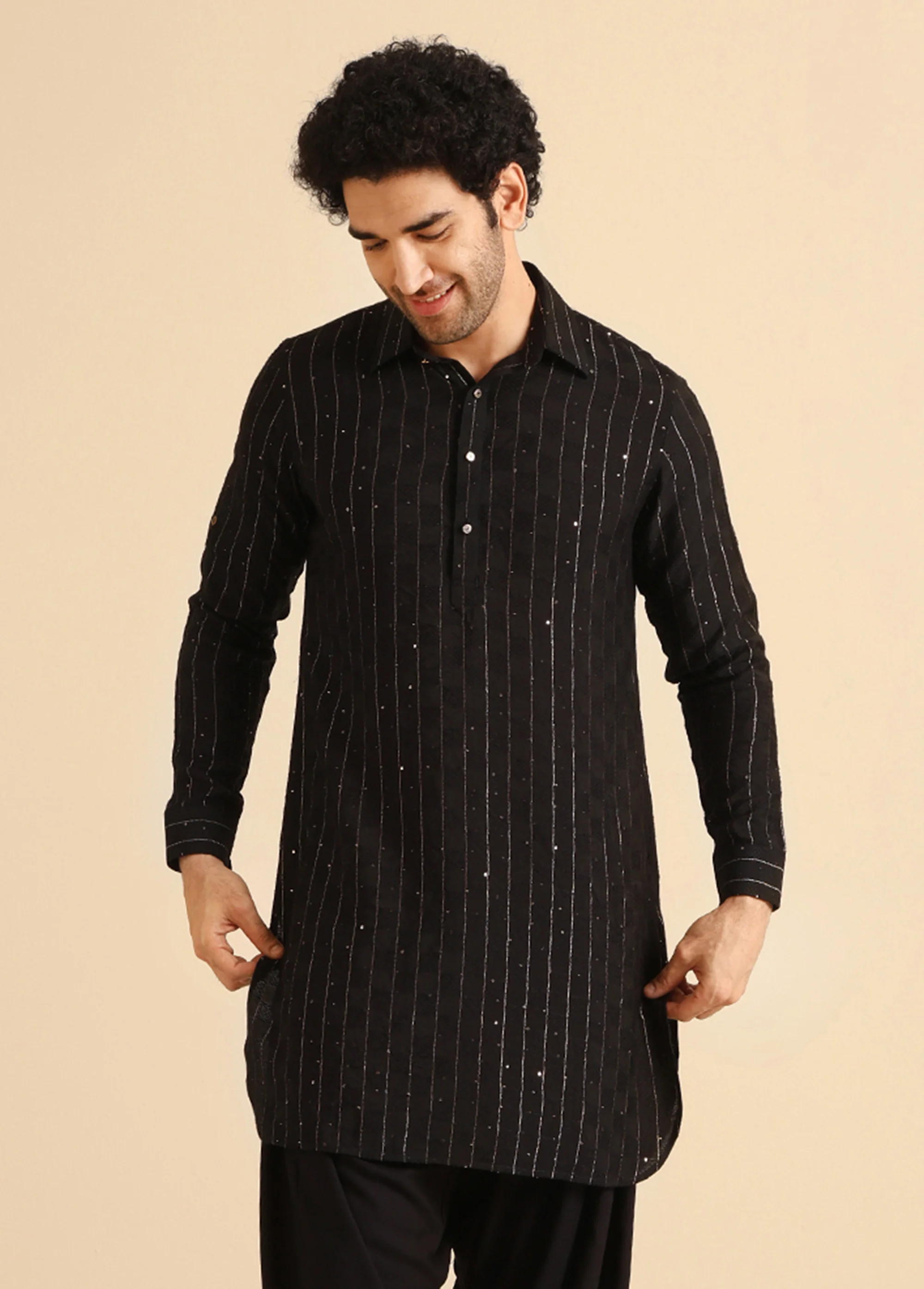 Black Silk Blend Sequins Striped Pathani Kurta