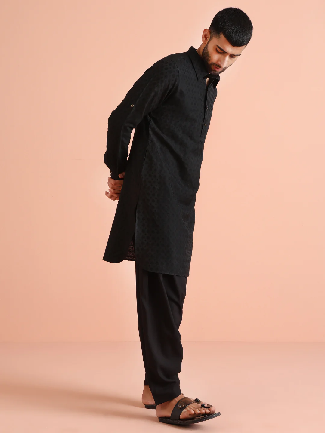 Black Self-Patterned Jacquard Pathani Kurta - Image 3