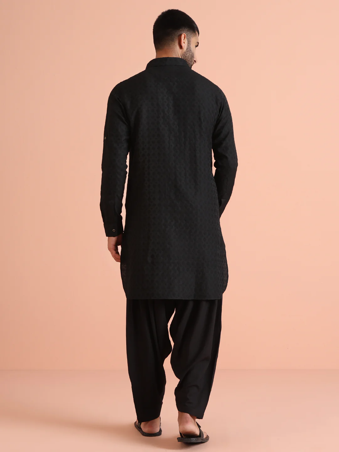 Black Self-Patterned Jacquard Pathani Kurta - Image 4