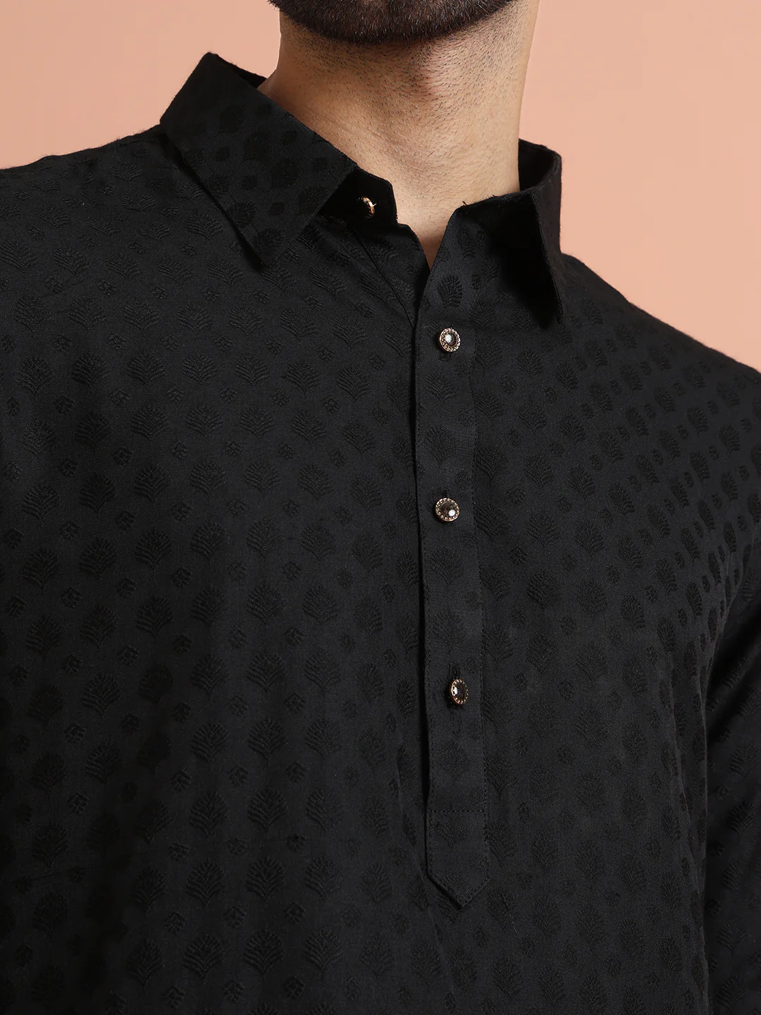 Black Self-Patterned Jacquard Pathani Kurta - Image 5