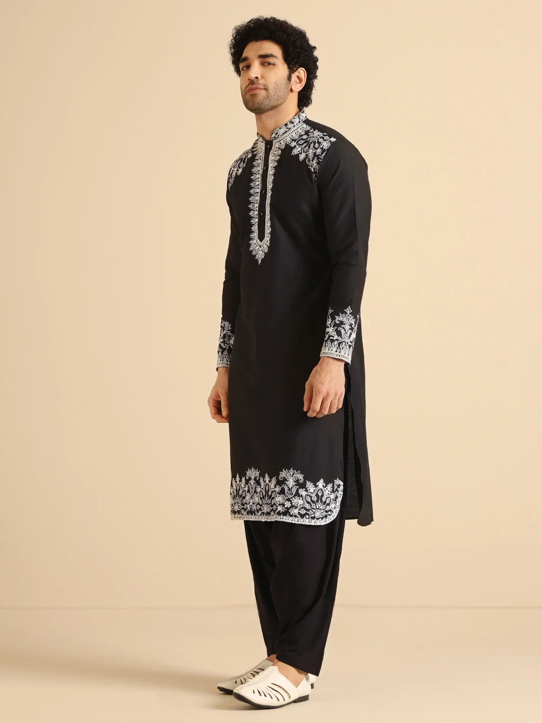 Black Cotton Embroidered Kurta Patiyala - Image 3