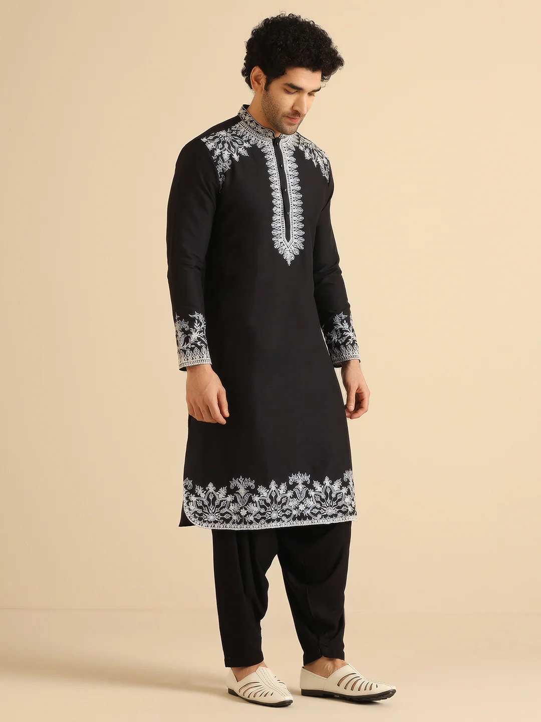 Black Cotton Embroidered Kurta Patiyala - Image 4