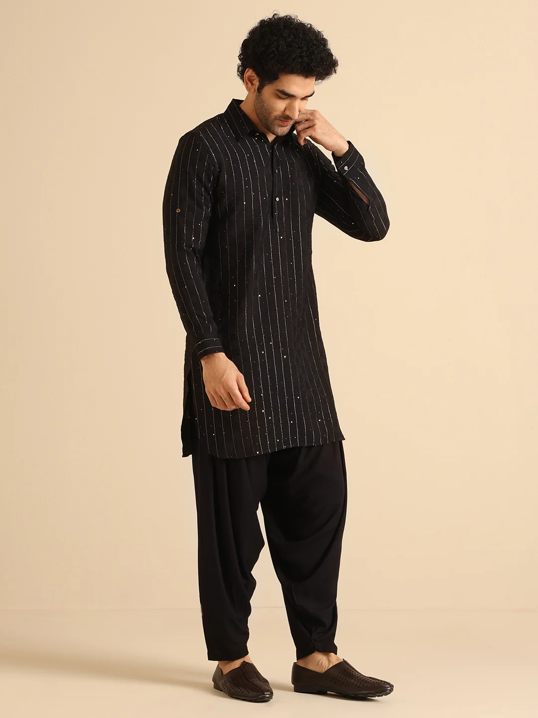 Black Silk Blend Sequins Striped Pathani Kurta Patiyala Set - Image 2