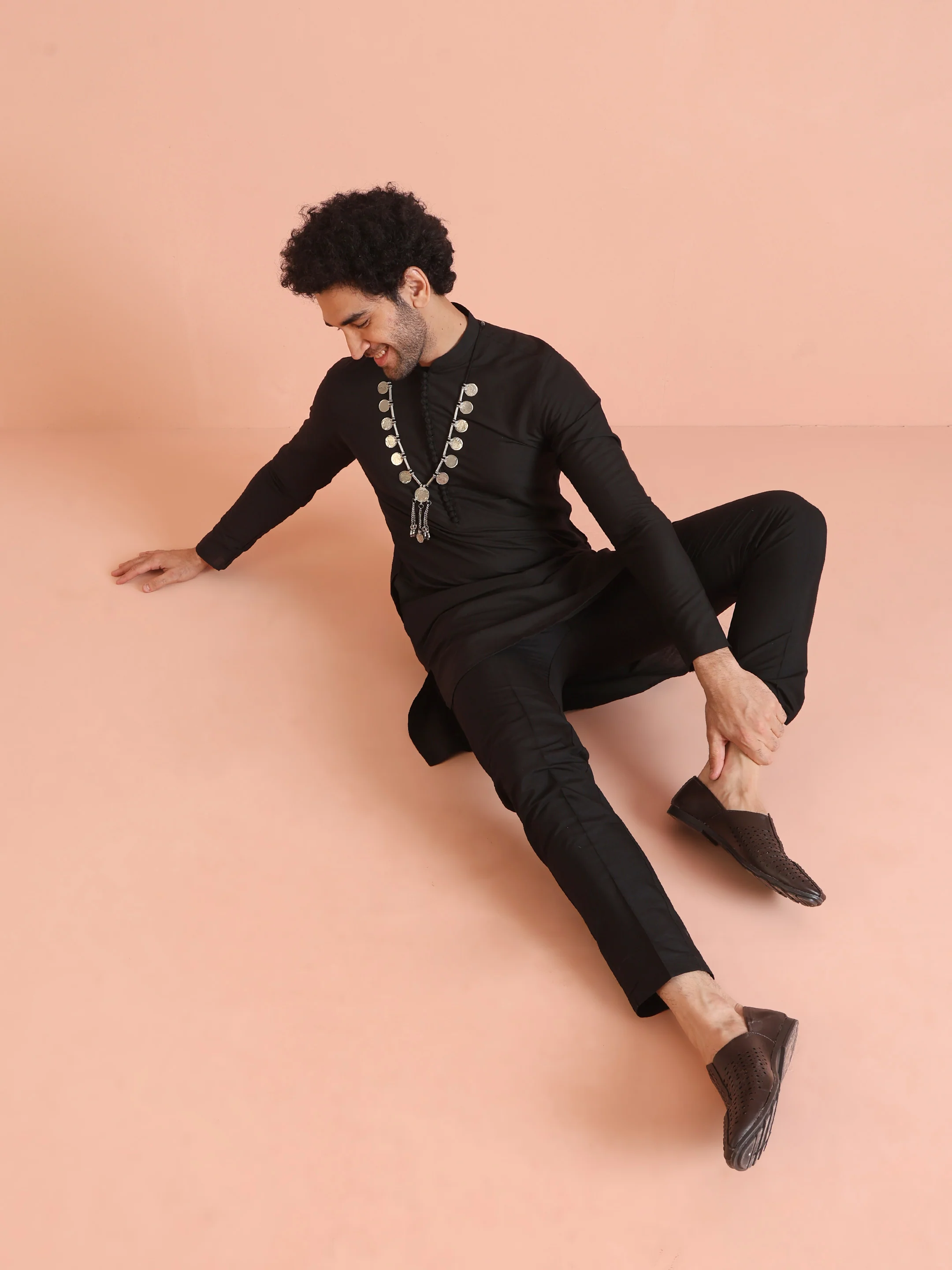 Black Silk Blend Solid Mid Kurta Trouser Set