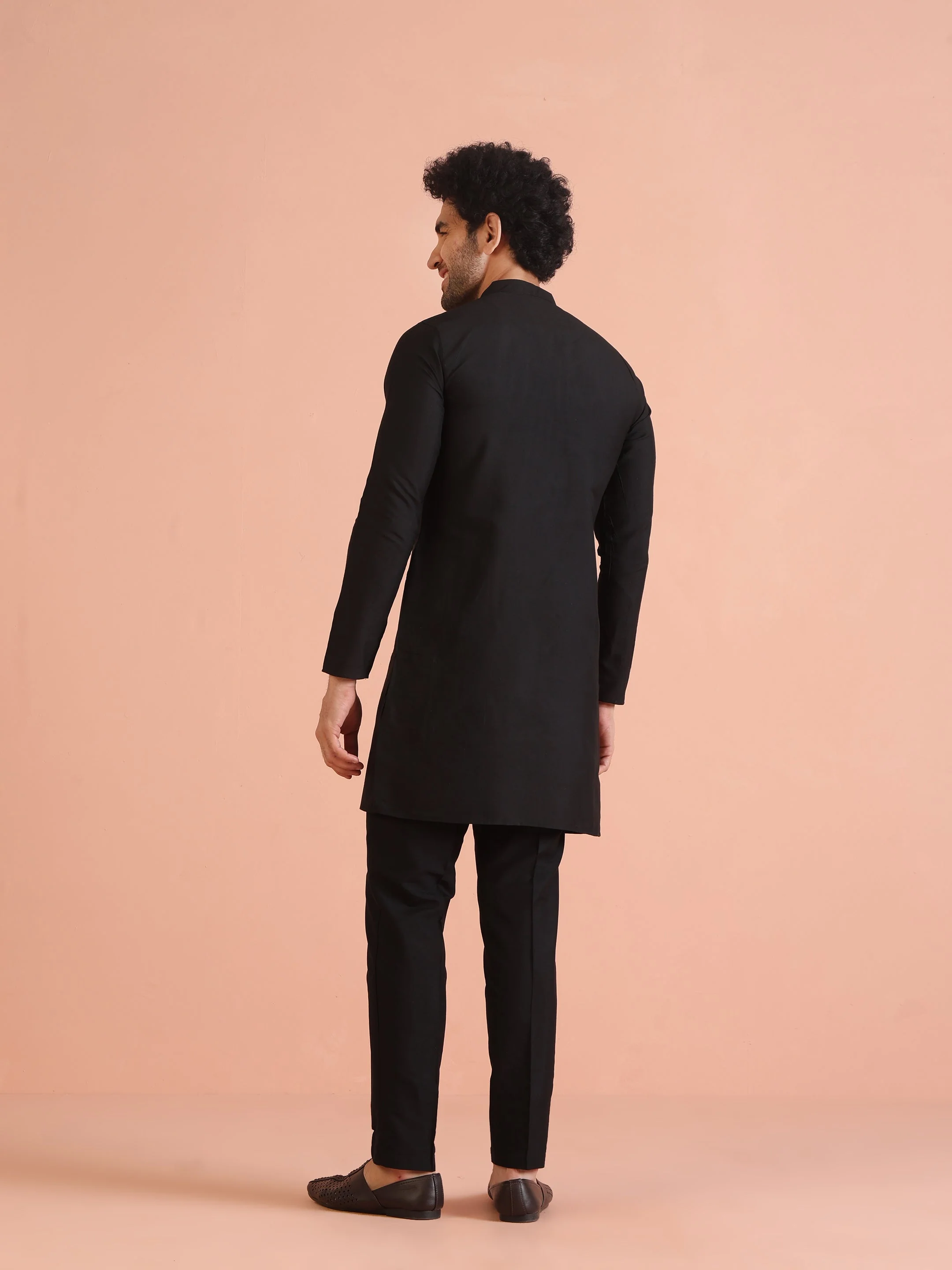 Black Silk Blend Solid Mid Kurta Trouser Set - Image 12