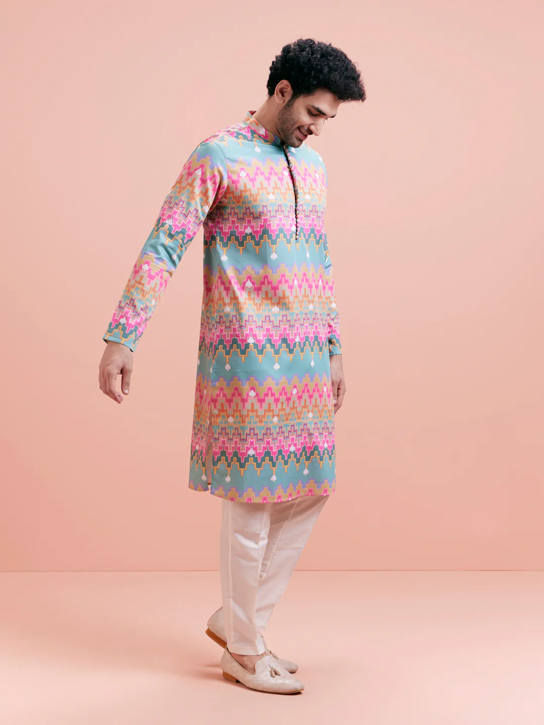 Aqua Blue Multicolor Printed Silk Kurta - Image 3