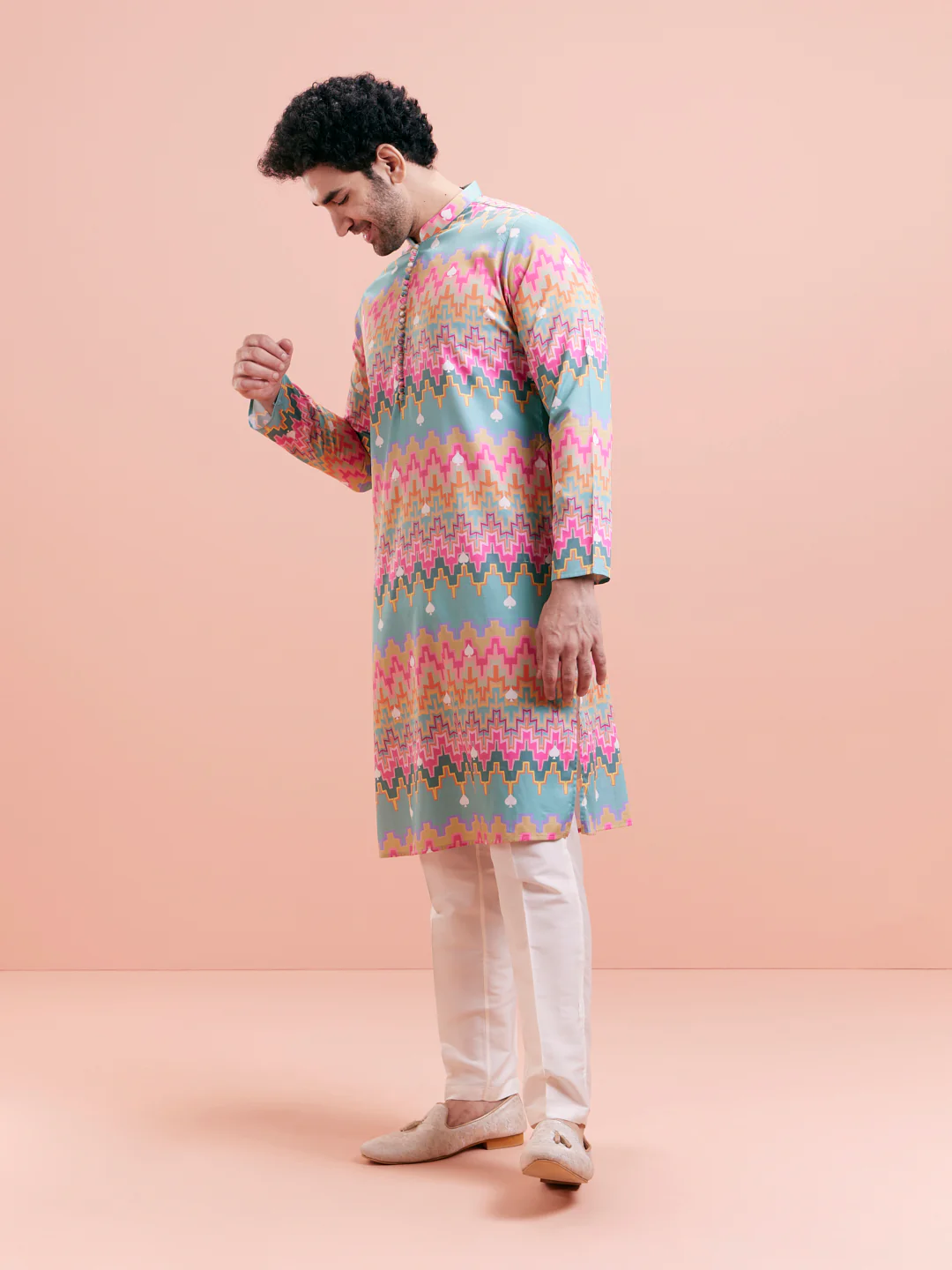Aqua Blue Multicolor Printed Silk Kurta - Image 4