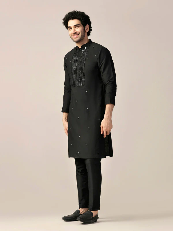Black Silk Blend Mirror Work Kurta with Trouser - Image 3
